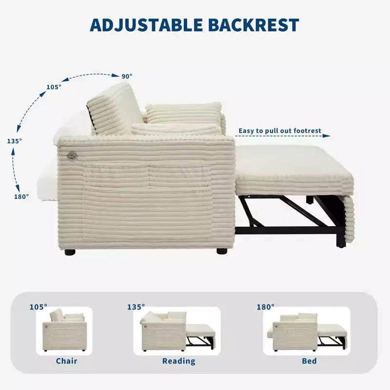 55 converteerbare loveseat-slaapbank met uitschuifbare voetensteun en verstelbare rugleuning, ruimtebesparende bank voor kleine appartementen