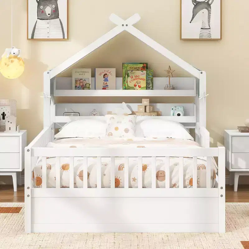 Letto a casetta in legno ModernLuxe per letto singolo/matrimoniale con testiera contenitore, struttura letto per bambini in pino massello con sponde di sicurezza