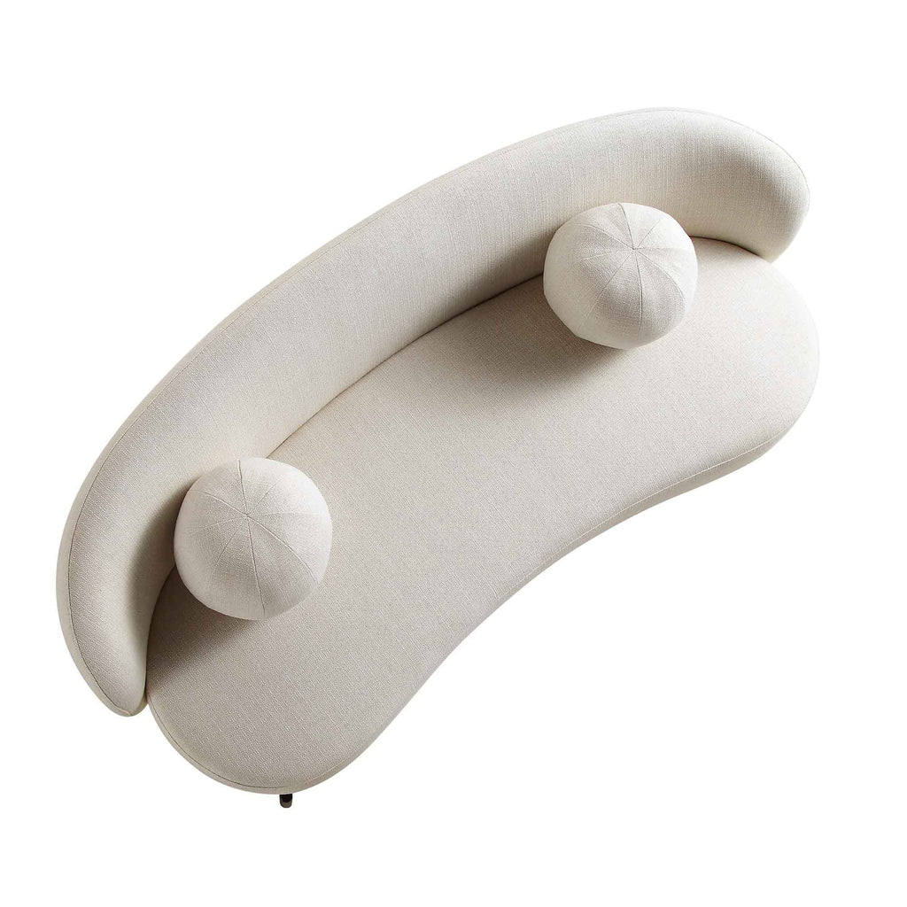 Divano curvo a 3 posti con cuscini sferici, misto lino beige