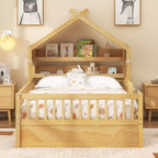 Letto a casetta in legno ModernLuxe per letto singolo/matrimoniale con testiera contenitore, struttura letto per bambini in pino massello con sponde di sicurezza