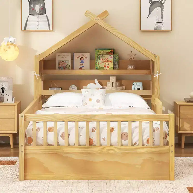 Letto a casetta in legno ModernLuxe per letto singolo/matrimoniale con testiera contenitore, struttura letto per bambini in pino massello con sponde di sicurezza
