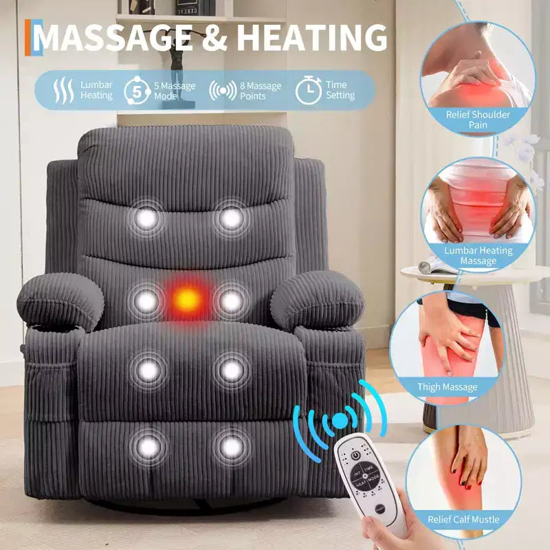 Poltrona reclinabile a dondolo girevole a 360° oversize con massaggio e calore - sedia lounge ergonomica con portabicchieri e tasche laterali per soggiorno e cameretta
