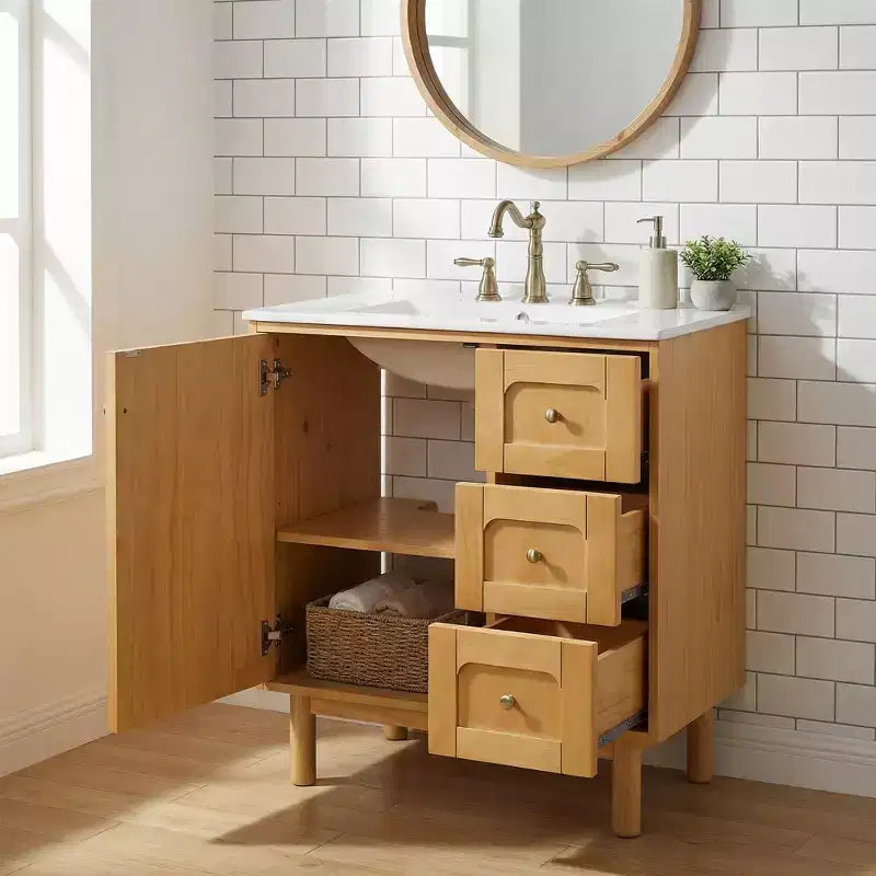 JVNOXK 76 cm rustikaler moderner Waschtischunterschrank aus Keramik mit 3 Schubladen und 1 großen Soft-Close-Tür, Aufbewahrungsschrank, natürliche Holzmaserung