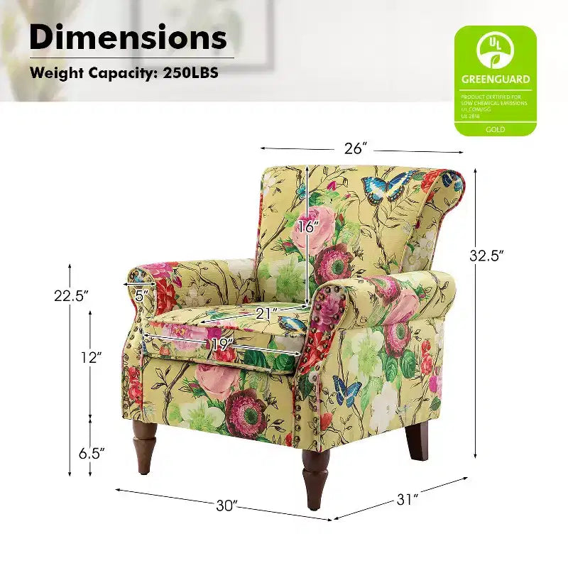 Araceli traditionele houten bloemenfauteuil met bekleding, hoge rugleuning en sierspijkerrand| ART OF LIVING DESIGNS
