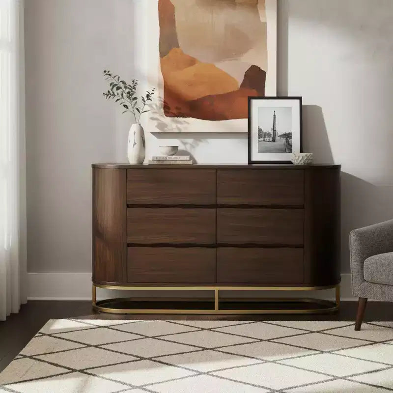 Cassettiera moderna a 6 cassetti con design a bordo vivo, base in metallo e struttura resistente in legno misto