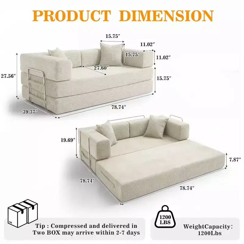 Divano letto pieghevole Dyonery 78, divano in velluto a coste convertibile, letto da pavimento king size, combinazione modulare fai da te 4-in-1, divano apribile confortevole
