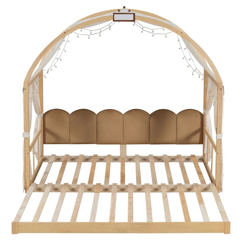 Letto Montessori a piattaforma in legno massello a forma di casetta, con tetto ad arco e letto estraibile, per bambine e bambini