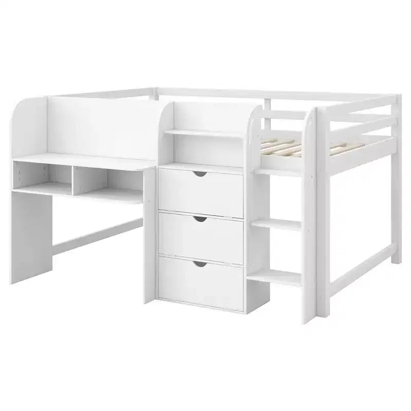 Roze/wit laag halfhoogslaper met bureau, opbergruimte en whiteboard – eenpersoonsbed, voor 1 persoon