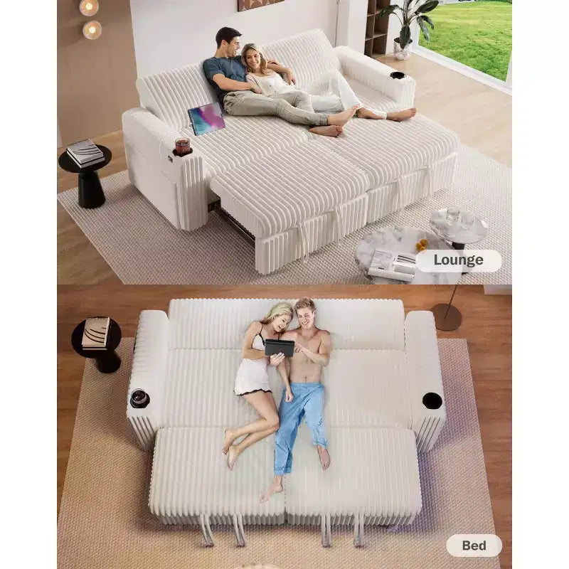 Dyonery 91 Eckschlafsofa mit ausziehbarem Bett, verstellbarer Rückenlehne, zwei ausziehbaren Betten, USB-Anschlüssen und Getränkehaltern, weicher Cordbezug
