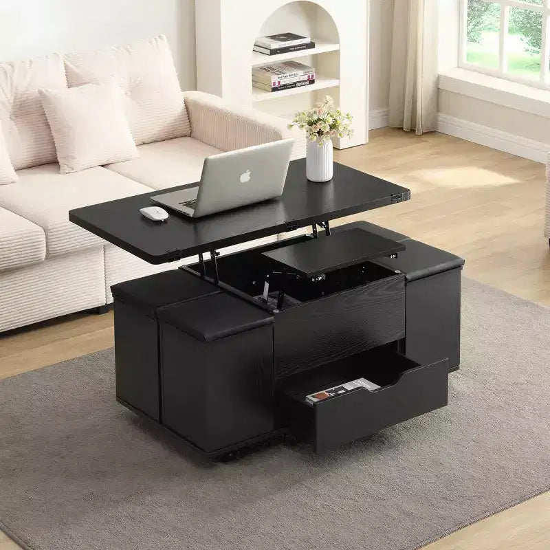 Multifunktionaler moderner Couchtisch mit Liftplatte, verborgenem Stauraum, 4 Hockern und Rollen – perfekt für moderne Wohnbereiche