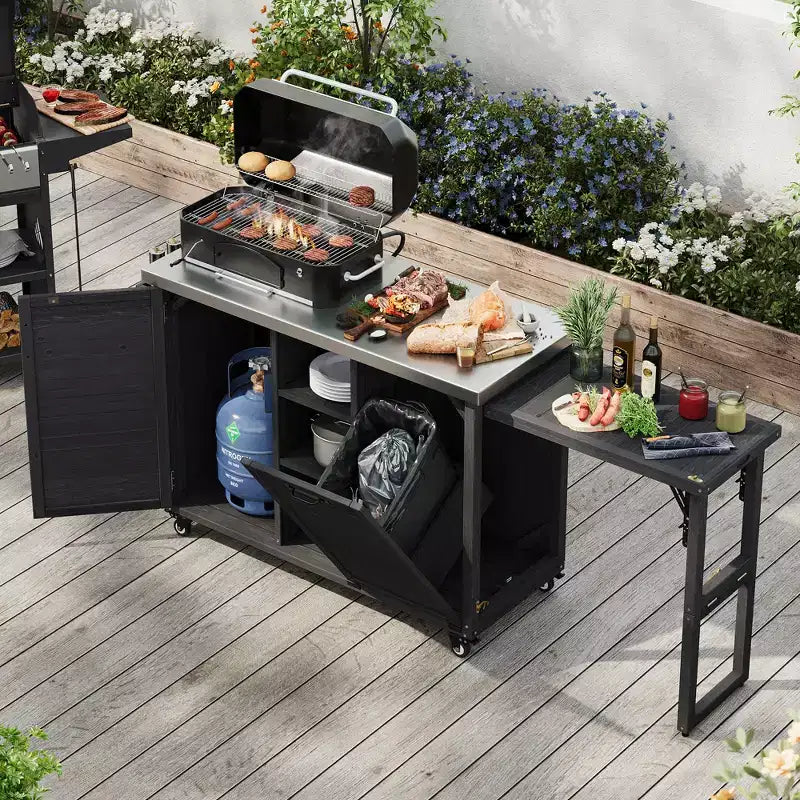 78,3 Zoll große Outdoor-Kücheninsel mit Edelstahl-Arbeitsplatte, klappbarer BBQ-Station und Aufbewahrungsschränken, Schwarz