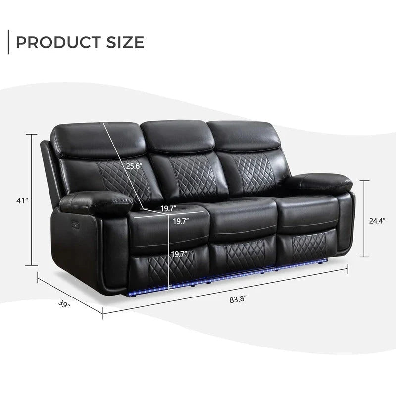 Elektrisch verstellbares Sofa mit kabellosem Ladegerät, Leselicht, LED-Beleuchtung für das Wohnzimmer, Kunstleder, AC-/USB-Anschluss, Getränkehalter, Schwarz