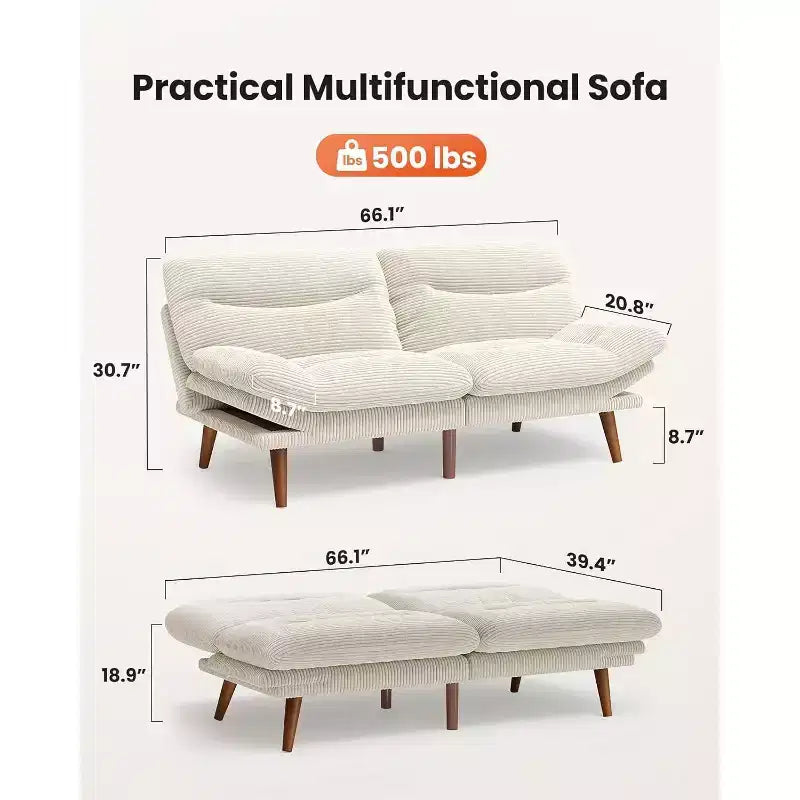 Divano letto in velluto a coste da 66 pollici con schienale e braccioli regolabili, adatto a piccoli spazi, soggiorni o uffici, utilizzabile come divano futon.