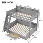 Twin over Full Bunk Bed with Storage, LED Lights & Charging Station, Wood Bunked Bed Beside Shelves for Kids & Teens