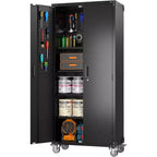 Garage Storage Cabinet with Wheels & Pegboard, 72 H Locking Metal Storage Cabinet with 2 Doors & 4 Adjustable Shelves for Garage Workshop