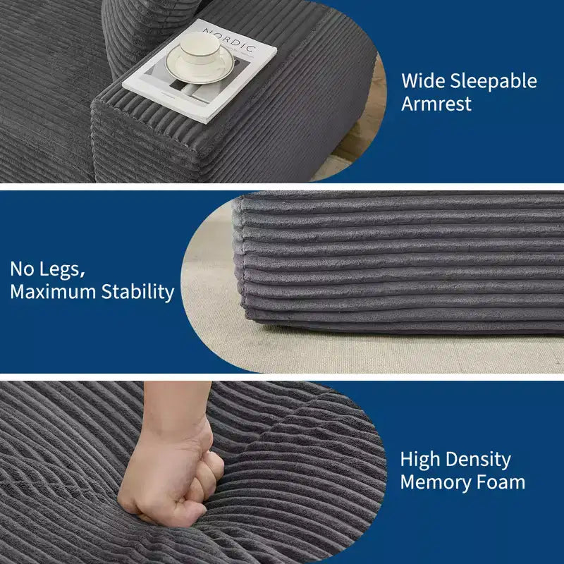 108 modernes Sofa, 3-Sitzer-Sofa in L-Form mit Polsterbezug und Kissen, Sofa mit tiefer Sitzfläche, keine Montage erforderlich