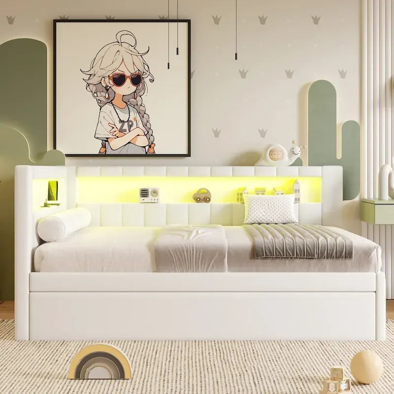 Gestoffeerd platformbed met USB-poorten en ledverlichting - bedframe voor tweepersoonsbed/twin-size met 2 opberglades - moderne slaapkamer