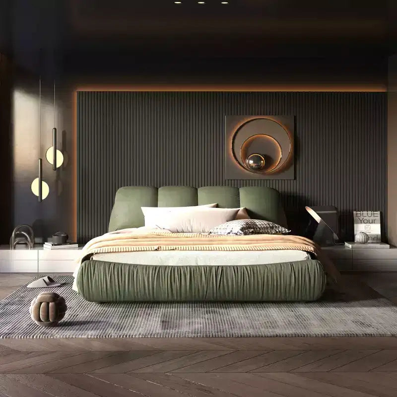 MAYEERTY luxe gestoffeerd platformbed voor queensize matras met extra groot gewatteerd hoofdbord en massief houten frame, groen