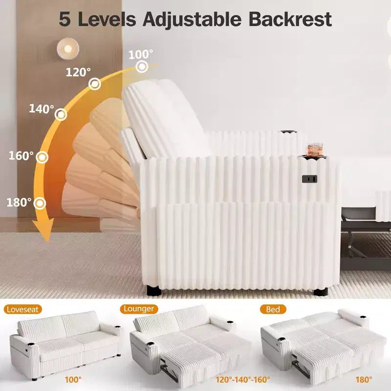 Dyonery 91 Eckschlafsofa mit ausziehbarem Bett, verstellbarer Rückenlehne, zwei ausziehbaren Betten, USB-Anschlüssen und Getränkehaltern, weicher Cordbezug
