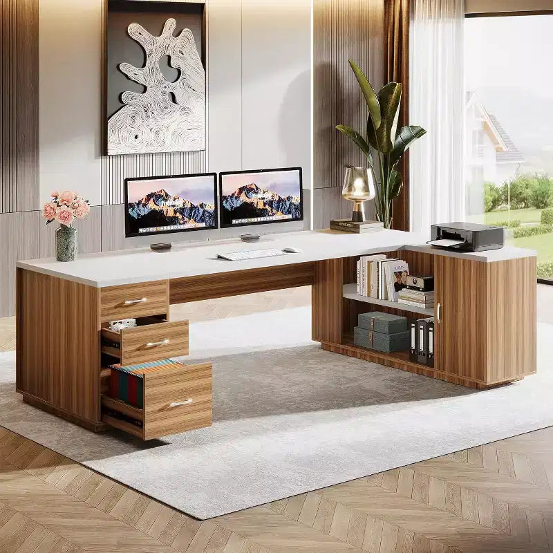 Mejda eżekuttiva f’forma ta’ L Lantine 85.8, mejda tal-kompjuter tal-uffiċċju extra kbira bi kxaxen għall-fajls għall-uffiċċju tad-dar