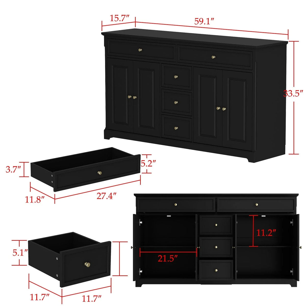 59,1' Sideboard-Buffet in Weiß, Mid-Century-Modern, zeitgemäß lackiert