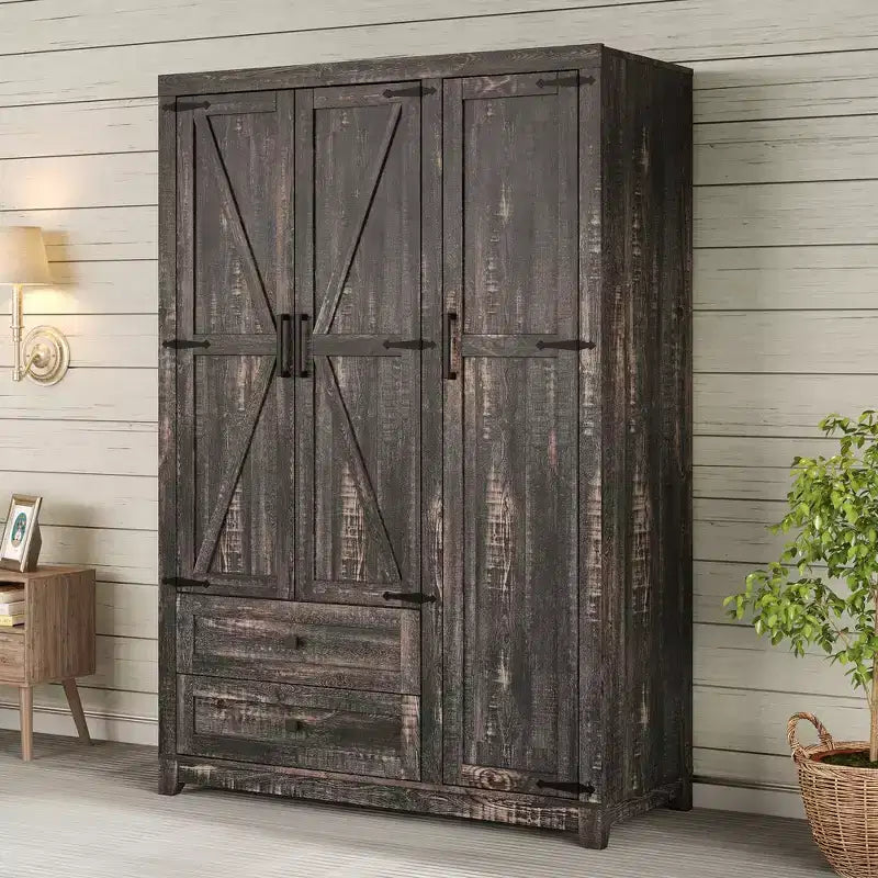 Armadio guardaroba AMERLIFE da 47" in stile rustico, con 3 ante, 2 cassetti, barra appendiabiti e ripiani regolabili, organizer indipendente per abiti