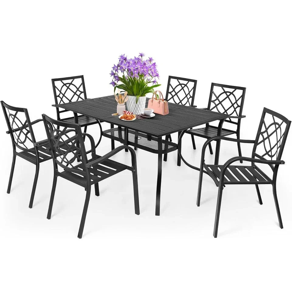 Set da pranzo SUNCROWN da esterno per patio, da 5/7 pezzi, in acciaio, con tavolo a doghe metalliche e sedie impilabili, struttura verniciata a polvere
