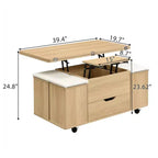 Multifunktionaler moderner Couchtisch mit Liftplatte, verborgenem Stauraum, 4 Hockern und Rollen – perfekt für moderne Wohnbereiche