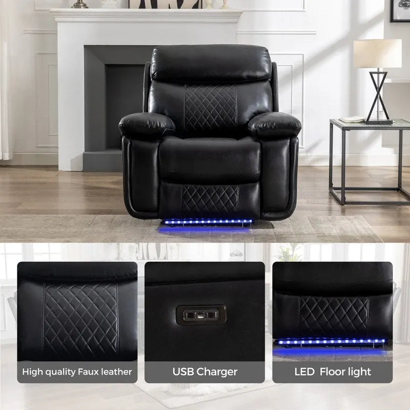 Elektrisch verstellbares Sofa mit kabellosem Ladegerät, Leselicht, LED-Beleuchtung für das Wohnzimmer, Kunstleder, AC-/USB-Anschluss, Getränkehalter, Schwarz