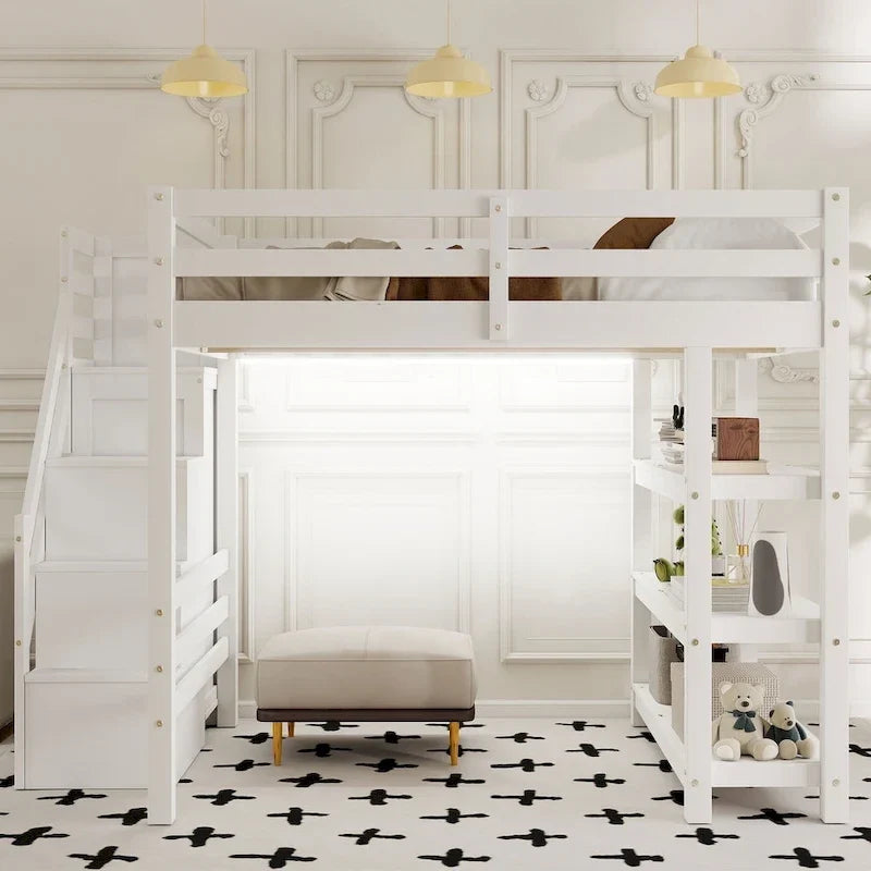 Letto a soppalco matrimoniale singolo con scale contenitore - Ripiani, guardaroba e luce LED, design salvaspazio