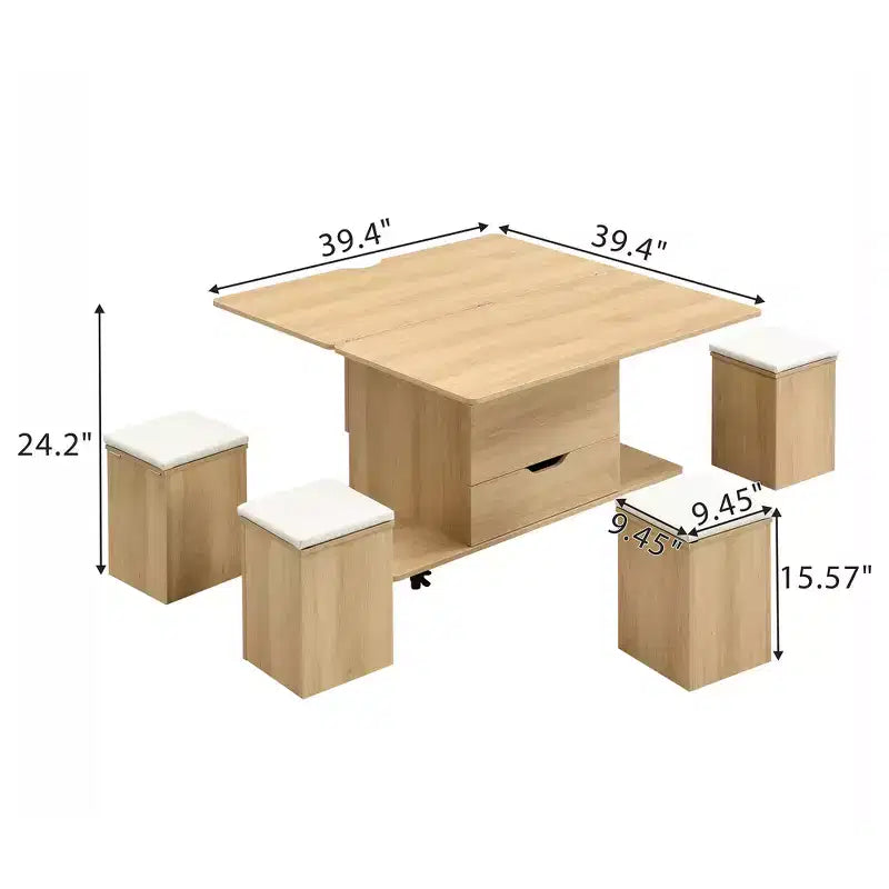 Multifunktionaler moderner Couchtisch mit Liftplatte, verborgenem Stauraum, 4 Hockern und Rollen – perfekt für moderne Wohnbereiche