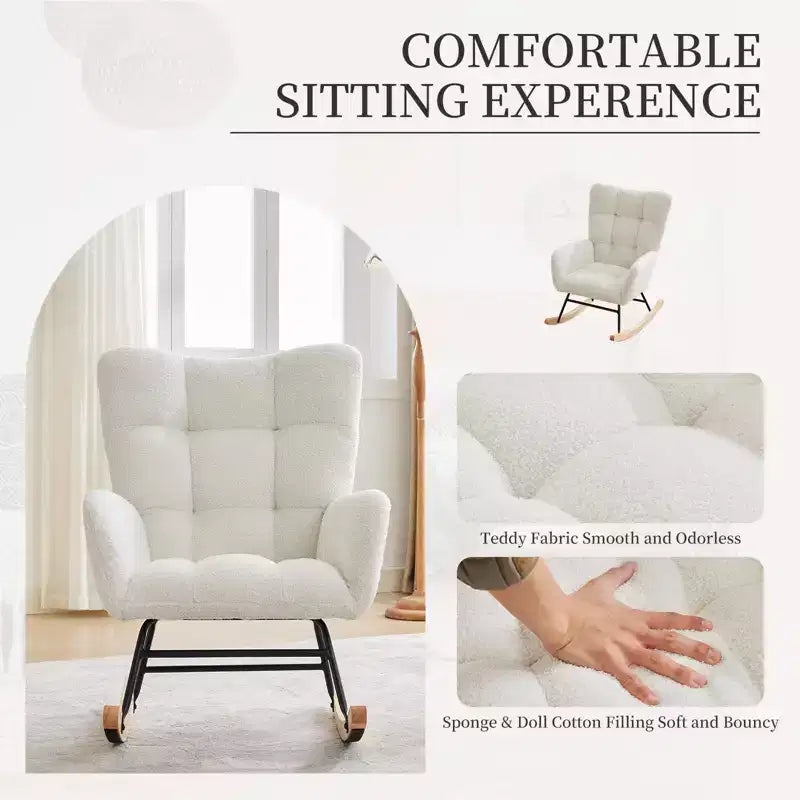 Schommelstoel voor de babykamer, zweefschommelstoel voor borstvoeding, comfortabele accentstoel voor de slaapkamer, zachte teddyfauteuil voor binnen
