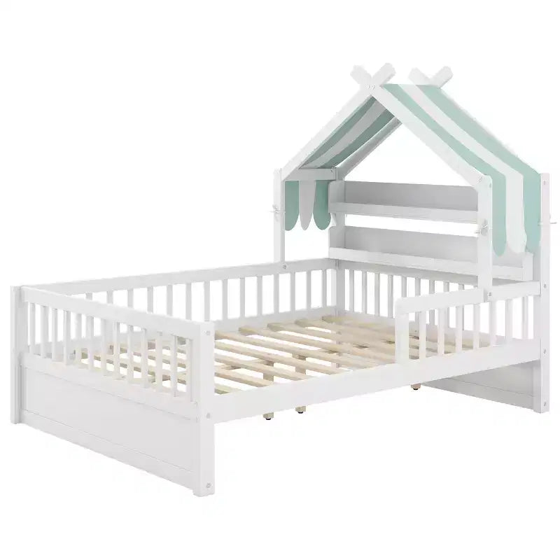 Letto a casetta in legno ModernLuxe per letto singolo/matrimoniale con testiera contenitore, struttura letto per bambini in pino massello con sponde di sicurezza