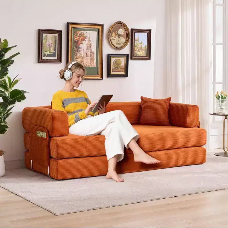 Divano letto, materasso pieghevole 5 in 1 da 78,8, divano/‌love seat, struttura in acciaio a forma fissa, velluto a coste con cuscini