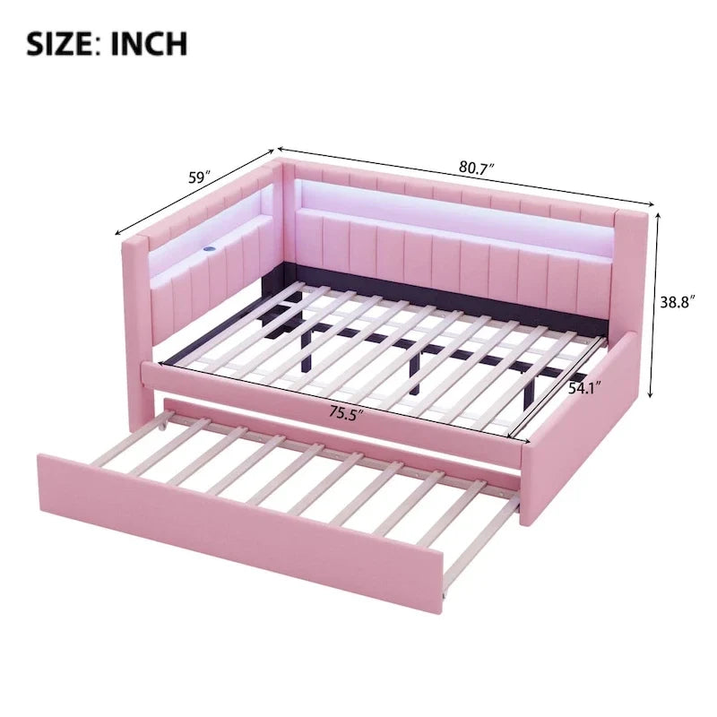 Gestoffeerd platformbed met USB-poorten en ledverlichting - bedframe voor tweepersoonsbed/twin-size met 2 opberglades - moderne slaapkamer