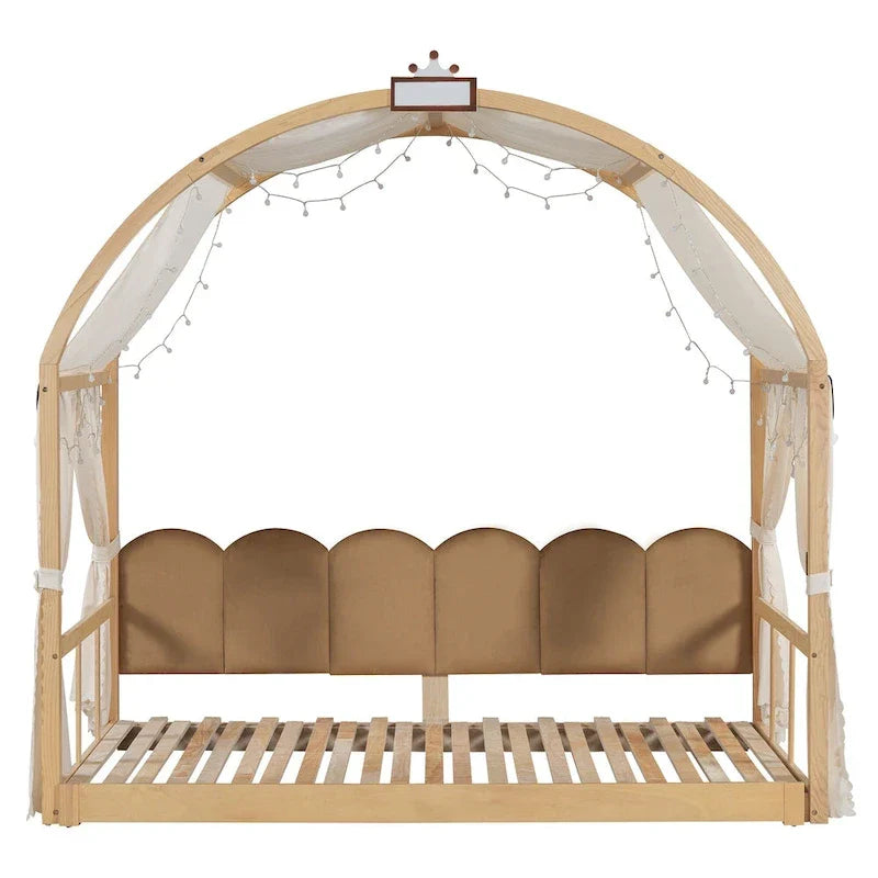 Letto Montessori a piattaforma in legno massello a forma di casetta, con tetto ad arco e letto estraibile, per bambine e bambini