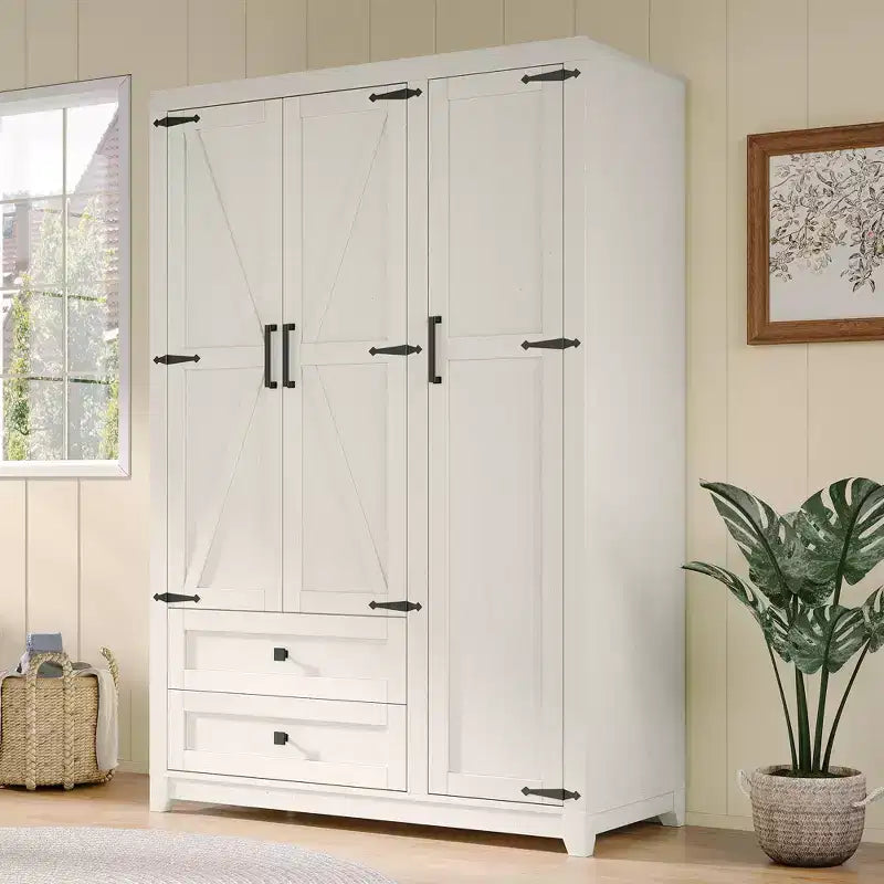 Armadio guardaroba AMERLIFE da 47" in stile rustico, con 3 ante, 2 cassetti, barra appendiabiti e ripiani regolabili, organizer indipendente per abiti
