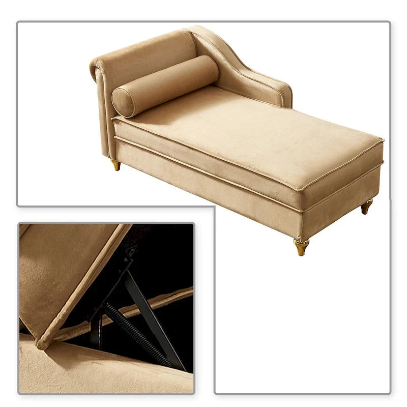 Chaise longue elegante francese rivestita in velluto con contenitore e cuscino