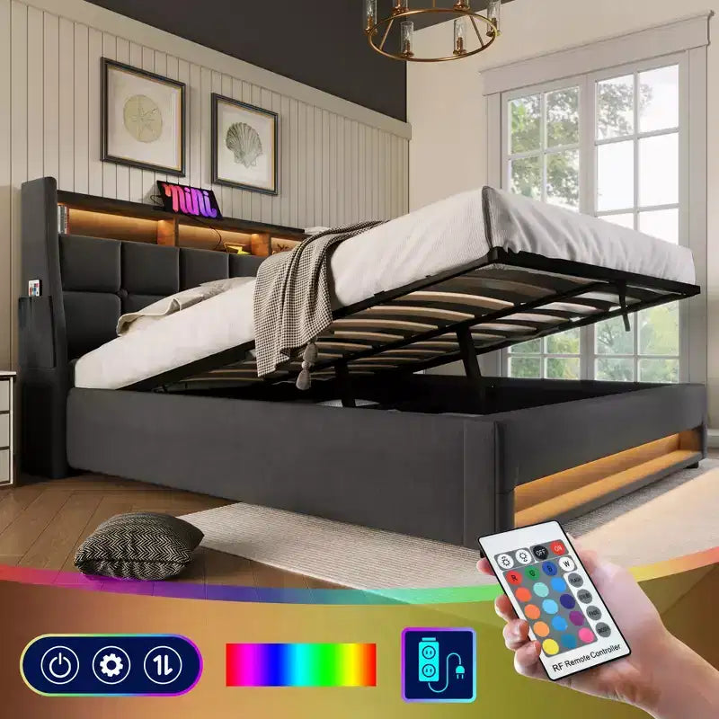 Letto matrimoniale queen size con contenitore idraulico, LED, USB, testiera imbottita, senza rete a doghe, facile da montare