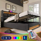 Letto matrimoniale queen size con contenitore idraulico, LED, USB, testiera imbottita, senza rete a doghe, facile da montare
