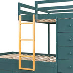 Full over Full Bunk Bed with Storage Wardrobe and Drawers, Full Size Wood Space-Saving Bunk Bed with Guardrail for Apartment, Bedroom