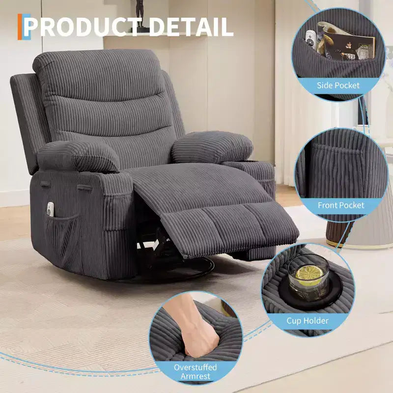 Poltrona reclinabile a dondolo girevole a 360° oversize con massaggio e calore - sedia lounge ergonomica con portabicchieri e tasche laterali per soggiorno e cameretta