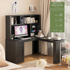L-vormig bureau met stopcontact, computerbureau met laden, boekenkast en opzetkast, modern hoekbureau, bureau voor thuiskantoor