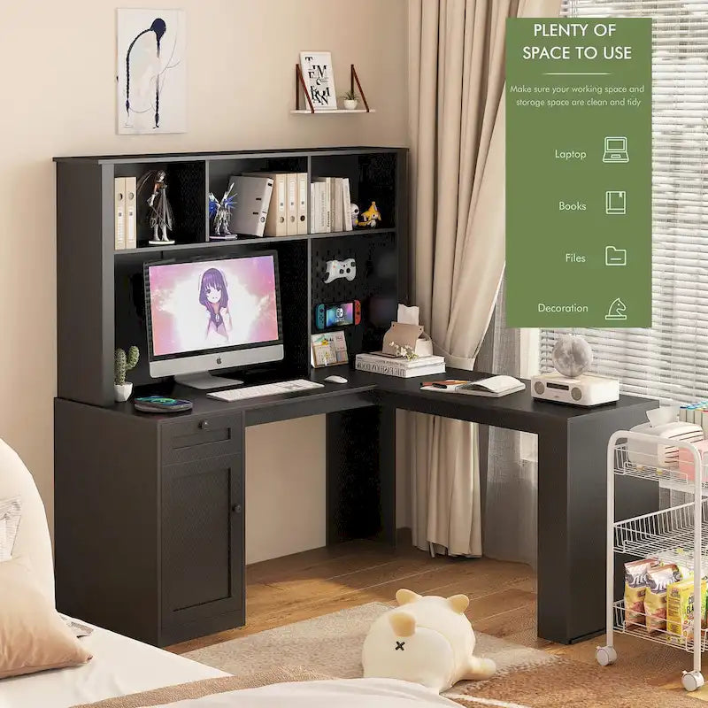 L-vormig bureau met stopcontact, computerbureau met laden, boekenkast en opzetkast, modern hoekbureau, bureau voor thuiskantoor