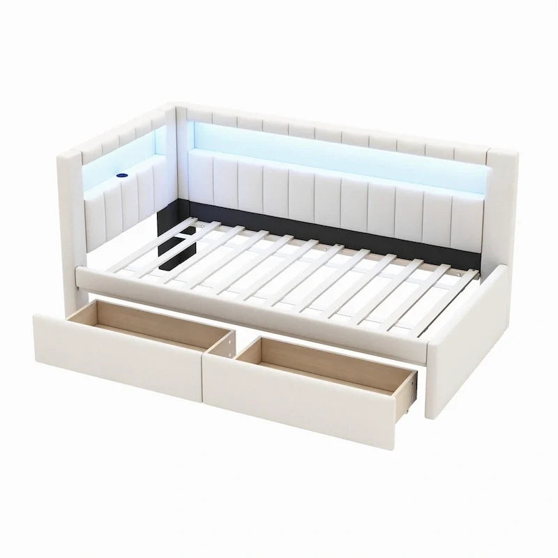 Gestoffeerd platformbed met USB-poorten en ledverlichting - bedframe voor tweepersoonsbed/twin-size met 2 opberglades - moderne slaapkamer