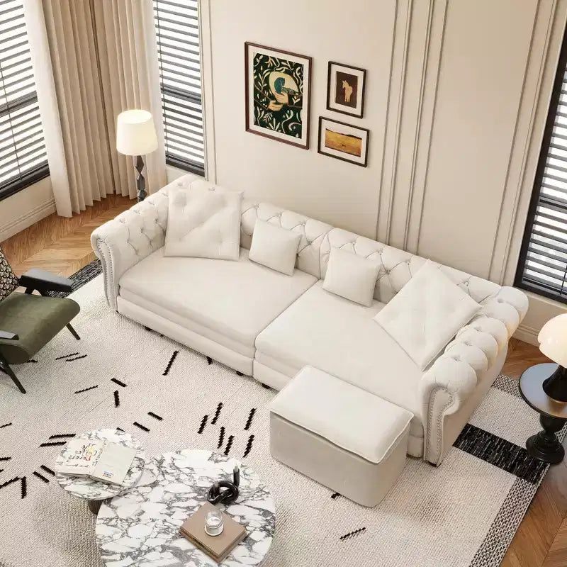 Divano letto estraibile king size 3-in-1 Whisen in velluto e divano letto trasformabile con pouf mobile e design trapuntato
