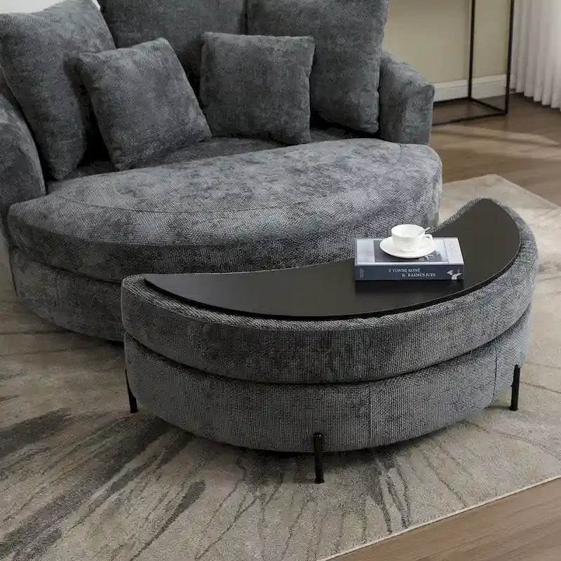 Poltrona moderna rotonda a barile con 5 cuscini e pouf opzionale