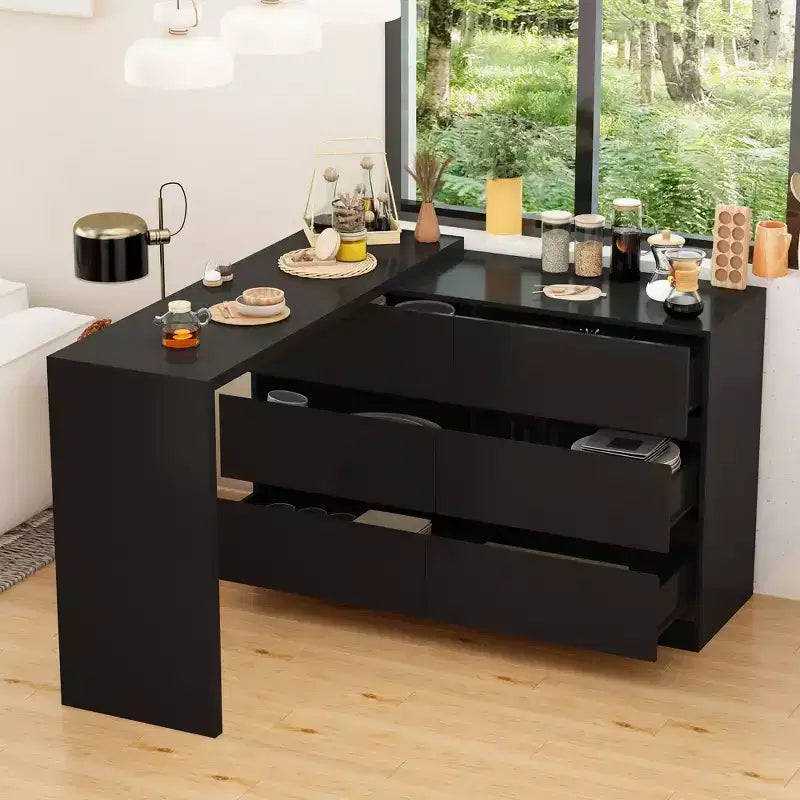 Drehbares/ausziehbares Smart-Buffet-Sideboard mit 6 Schubladen, verlängerter Tischplatte, rutschfester Matte, drehbarem Esstisch und Kücheninsel-Speisekammer