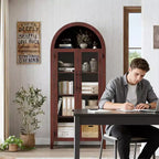 Tall Arched Storage Cabinet with Glass Doors, 5-Tier Display Bookcase with Adjustable Shelves for Kitchen or Living Room