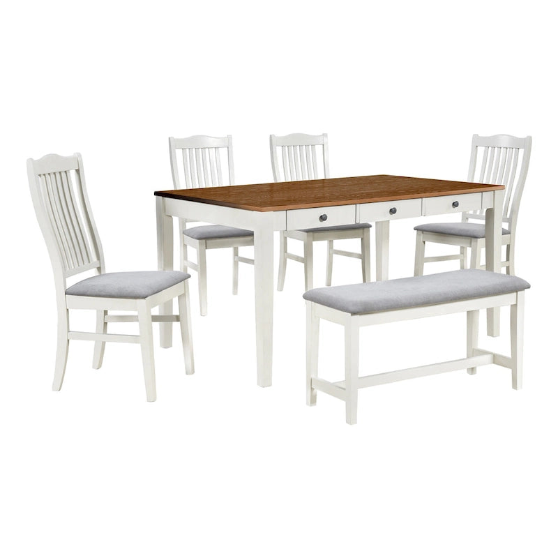 Set da pranzo in legno da 6 pezzi con 4 sedie e panca, tavolo con cassetto